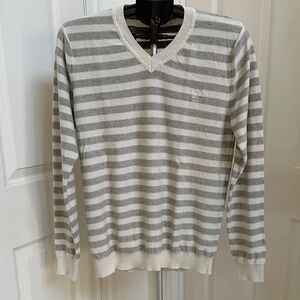 100% Cotton Striped V-Neck Sweater - Gray and Cream By Chevignon Size L